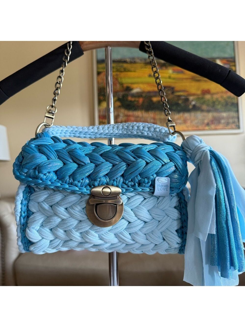 Handmade shirt yarn crochet Blue Chain Shoulder Bag - Picture 2 of 3